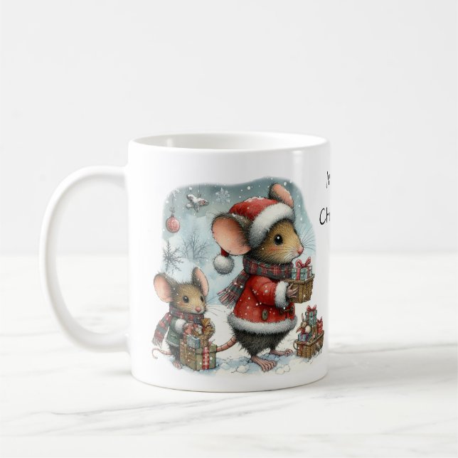 Cute Mice with Wrapped Gifts Santa Hat Coffee Mug (Left)