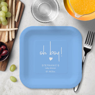 Cute Mid Blue Baby Boy Shower Paper Plate