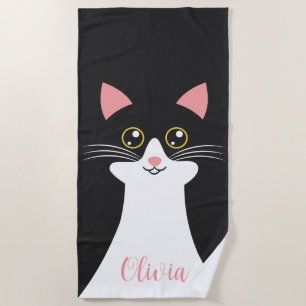 Cute Mid Century black cat portrait Beach Towel