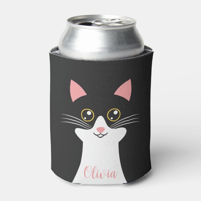 Cute Mid Century black cat portrait Can Cooler (Can Front)