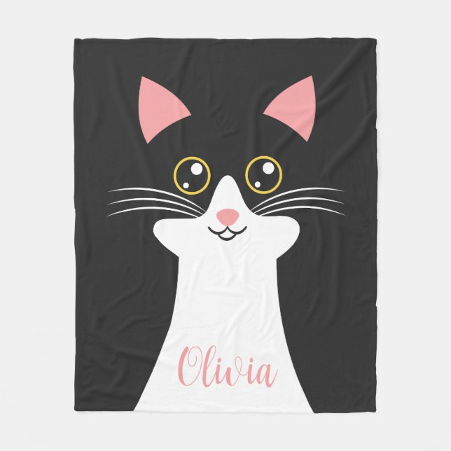 Cute Mid Century black cat portrait Fleece Blanket (Front)