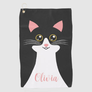 Cute Mid Century black cat portrait Golf Towel