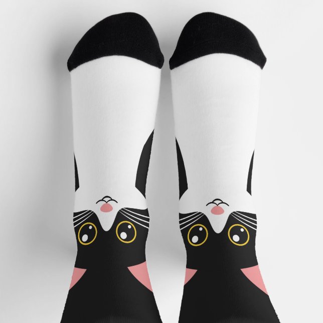 Cute Mid Century black cat portrait Socks (Top)