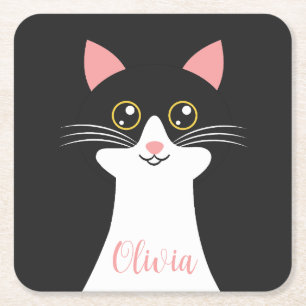 Cute Mid Century black cat portrait Square Paper Coaster