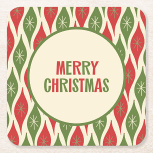 Cute Mid Century Modern Retro 50s Merry Christmas Square Paper Coaster