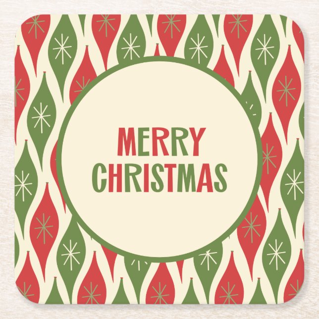 Cute Mid Century Modern Retro 50s Merry Christmas Square Paper Coaster (Front)