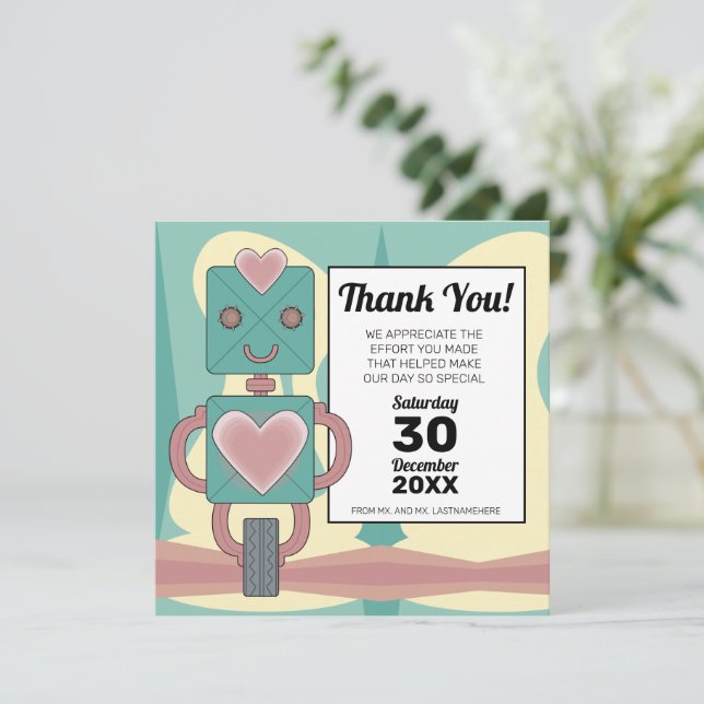 Cute Mid-Century Modern Robot Kid's First Birthday Thank You Card (Standing Front)