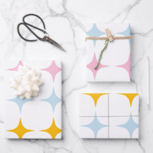 Cute Mid Mod Stars Pattern Minimalist Pink Yellow  Wrapping Paper Sheet