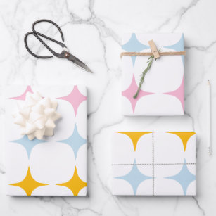 Cute Mid Mod Stars Pattern Minimalist Pink Yellow  Wrapping Paper Sheet