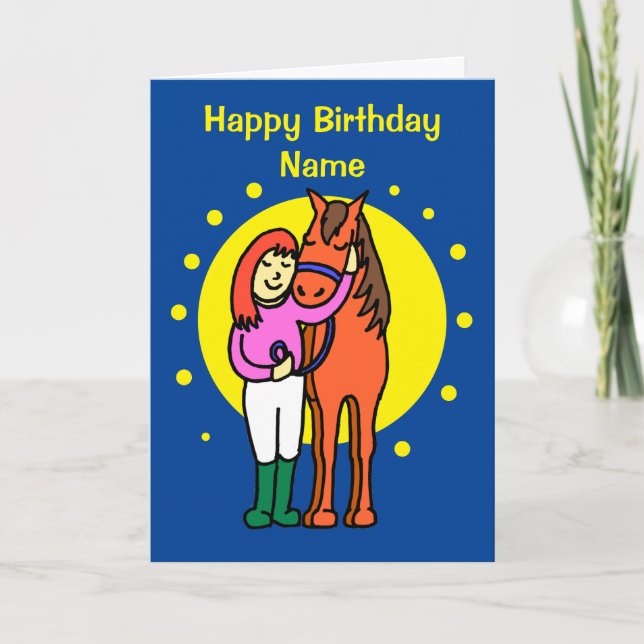 Cute Midnight Blue Horse and Girl Cartoon Birthday Card (Front)