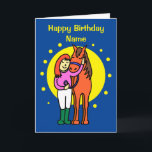 Cute Midnight Blue Horse and Girl Cartoon Birthday Card<br><div class="desc">Birthday card featuring a cute cartoon of a girl standing with her pony who has his head on her shoulder. The card is midnight blue with a representation of the moon and stars. Text on the front says Happy Birthday. Easily edit the template text on the front and inside of...</div>