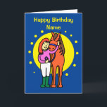 Cute Midnight Blue Horse and Girl Cartoon Birthday Card<br><div class="desc">Birthday card featuring a cute cartoon of a girl standing with her pony who has his head on her shoulder. The card is midnight blue with a representation of the moon and stars. Text on the front says Happy Birthday. Easily edit the template text on the front and inside of...</div>