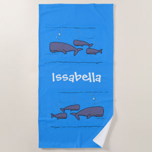 Cute migrating cartoon whales illustration beach towel