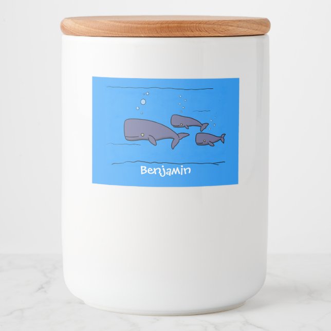 Cute migrating cartoon whales illustration food label (Front)