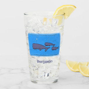 Cute migrating cartoon whales illustration glass