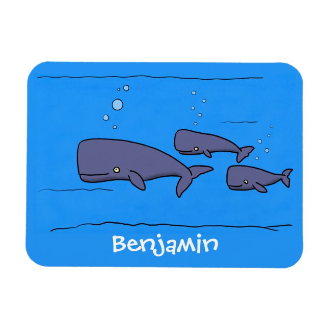 Cute migrating cartoon whales illustration magnet (Horizontal)