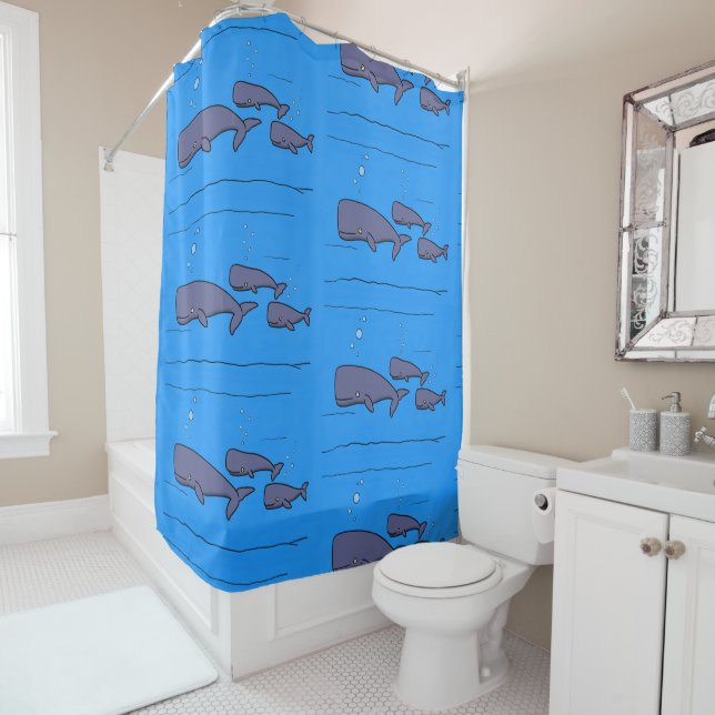 Cute migrating cartoon whales illustration shower curtain (In Situ)