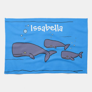Cute migrating cartoon whales illustration tea towel