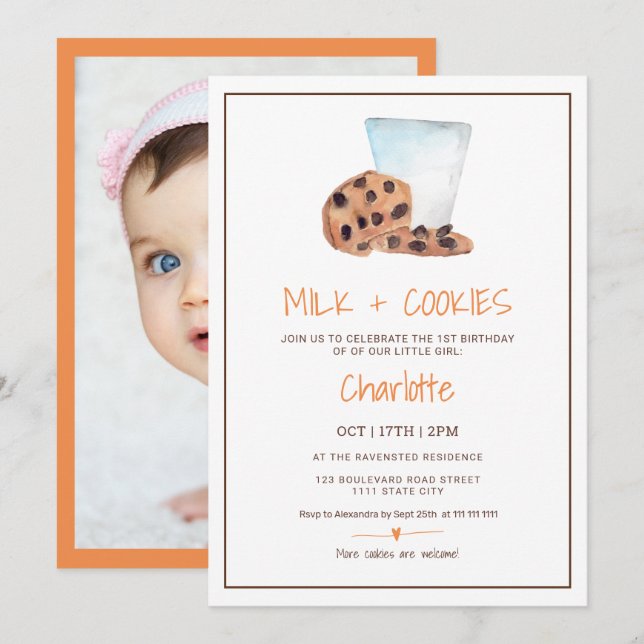 Cute Milk Cookies watercolor photo First birthday Invitation (Front/Back)