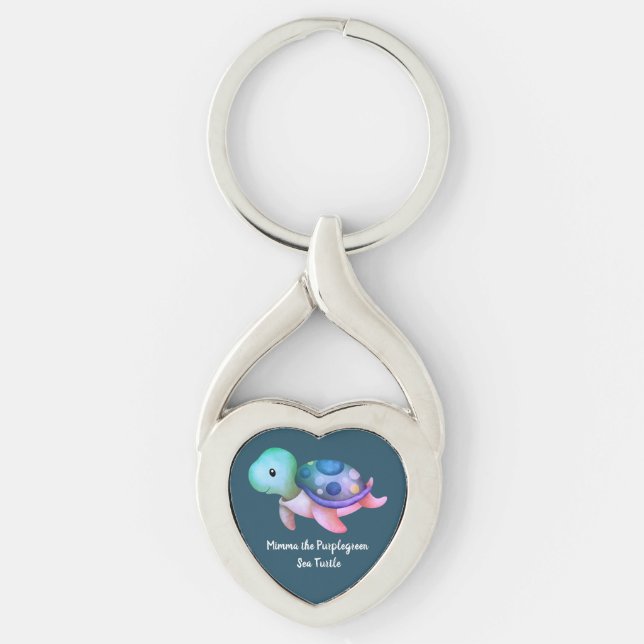 Cute Mimma The Purple Green Sea Turtle Heart  Key Ring (Front)