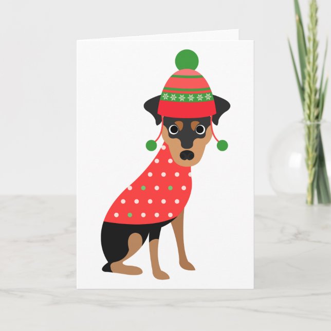 Cute Min Pin Dog Christmas Card (Front)