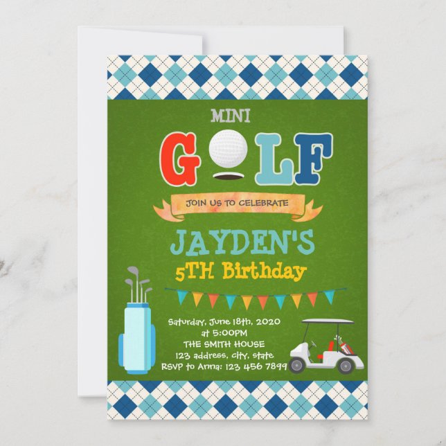 Cute mini golf birthday party invitation (Front)