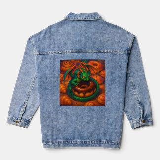 Cute Mini Green Dragon & Doughnut Fantasy Art Denim Jacket