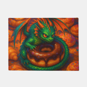 Cute Mini Green Dragon & Doughnut Fantasy Art Doormat