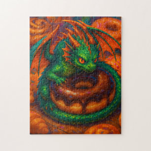 Cute Mini Green Dragon & Doughnut Fantasy Art Jigsaw Puzzle