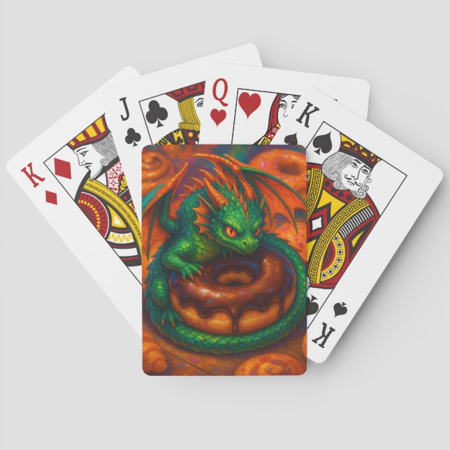 Cute Mini Green Dragon & Doughnut Fantasy Art Playing Cards (Back)