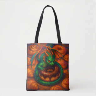 Cute Mini Green Dragon & Doughnut Fantasy Art Tote Bag