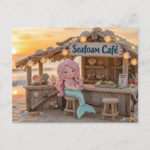 Cute Miniature Mermaid Toy at Seafoam Cafe Beach Postcard