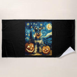 Cute Miniature Schnauzer Dog Halloween Jack O Lant Beach Towel
