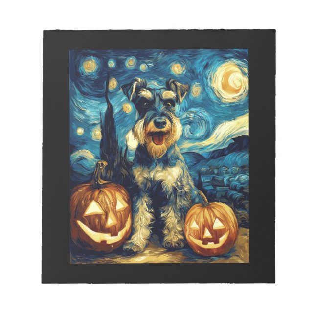 Cute Miniature Schnauzer Dog Halloween Jack O Lant Notepad (Front)