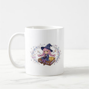 Cute Miniature Witch Reading on Giant Magic Book Coffee Mug
