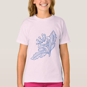 Cute Minimal Blue Floral Line Art Girls T-Shirt