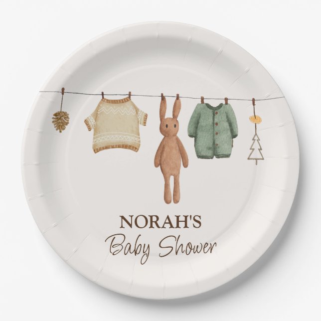 Cute Minimal Boho Winter Boy Clothes Baby Shower  Paper Plate (Front)