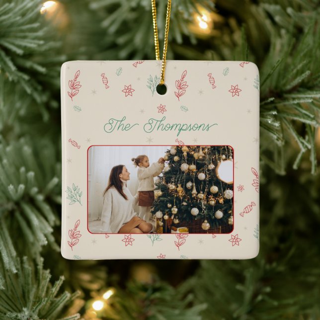 Cute Minimal Christmas Elements One Photo Ceramic Ornament (Tree)