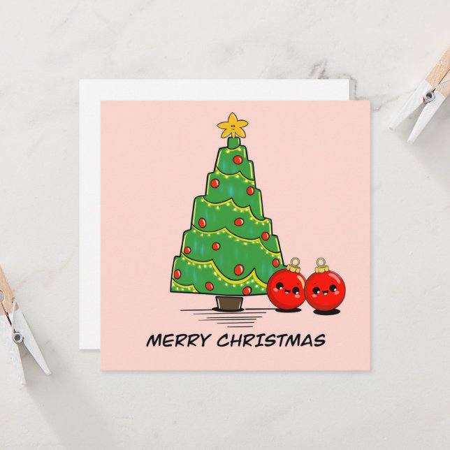 Cute Minimal Christmas Tree Card – Kawaii Holiday  (Front/Back In Situ)