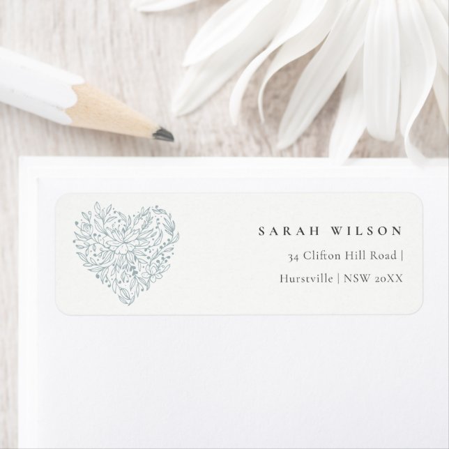 Cute Minimal Dusky Blue Floral Heart Address (Insitu)