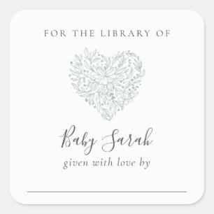 Cute Minimal Dusky Blue Floral Heart Baby Library Square Sticker