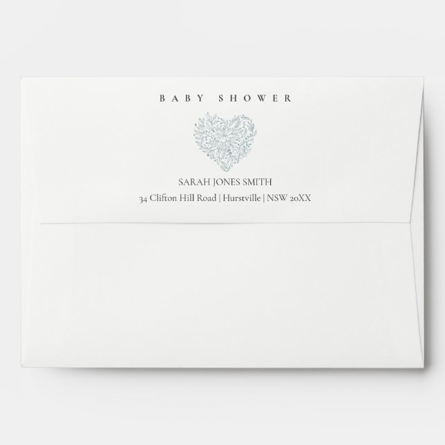 Cute Minimal Dusky Blue Floral Heart Baby Shower Envelope (Back (Top Flap))