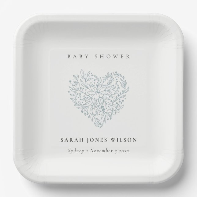 Cute Minimal Dusky Blue Floral Heart Baby Shower Paper Plate (Front)