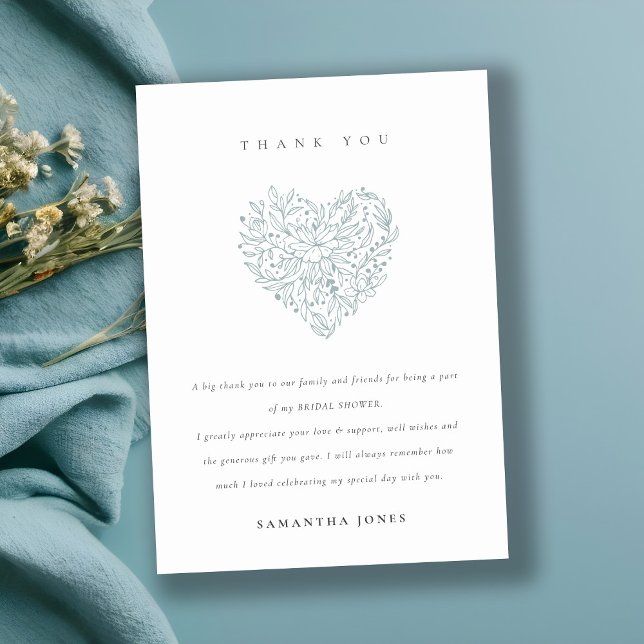 Cute Minimal Dusky Blue Floral Heart Bridal Shower Thank You Card (Creator Uploaded)