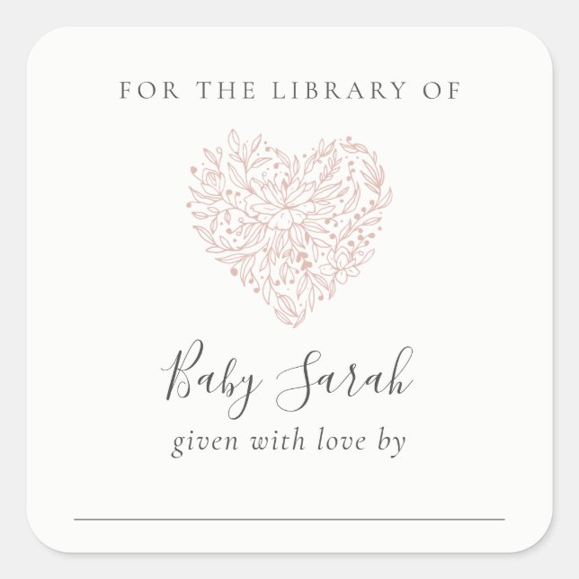 Cute Minimal Dusky Blush Floral Heart Baby Library Square Sticker (Front)