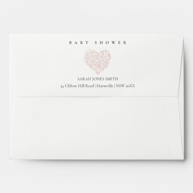 Cute Minimal Dusky Blush Floral Heart Baby Shower Envelope (Back (Top Flap))