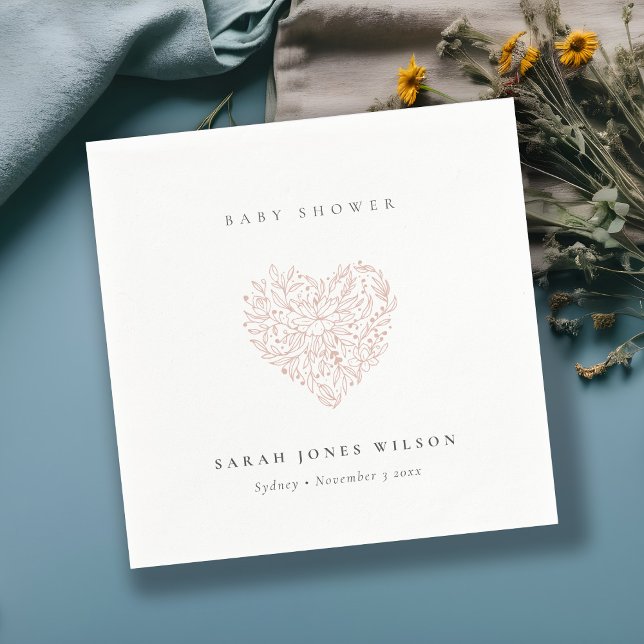 Cute Minimal Dusky Blush Floral Heart Baby Shower Napkin (Creator Uploaded)