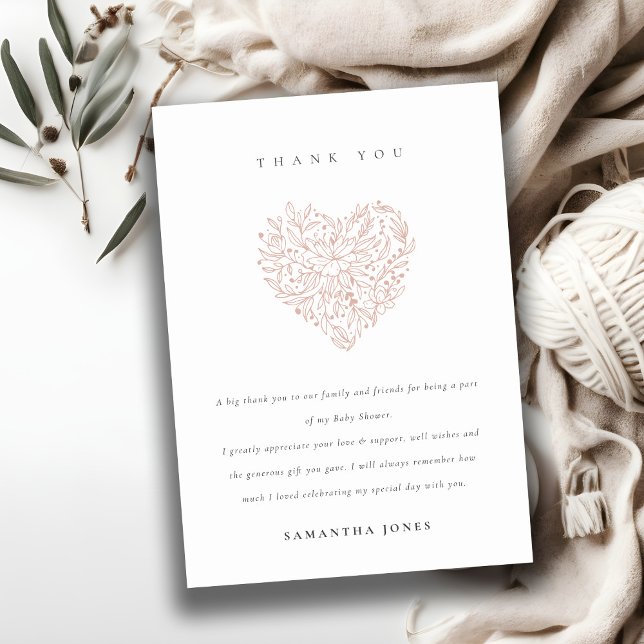 Cute Minimal Dusky Blush Floral Heart Baby Shower Thank You Card (Creator Uploaded)