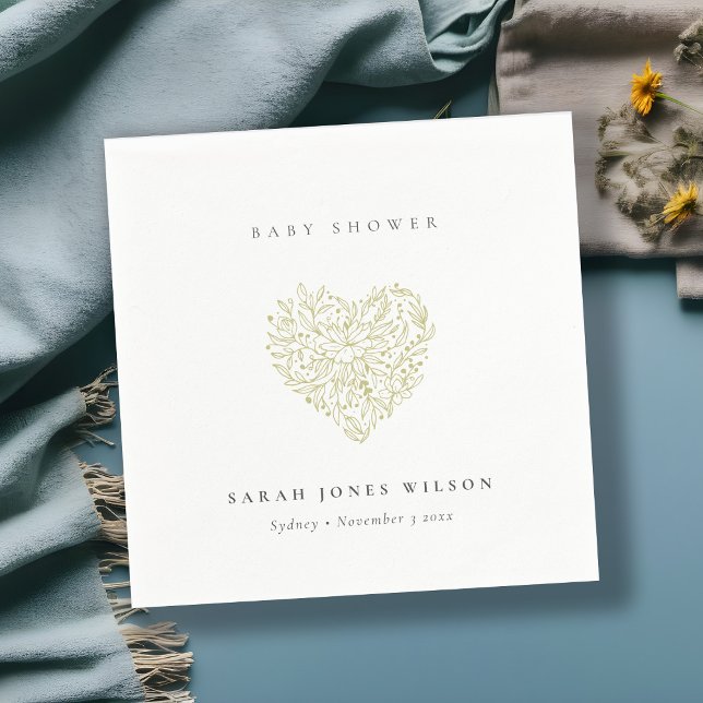 Cute Minimal Dusky Green Floral Heart Baby Shower Napkin (Creator Uploaded)