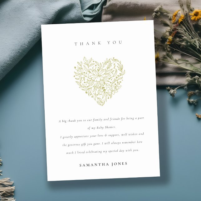 Cute Minimal Dusky Green Floral Heart Baby Shower Thank You Card (Creator Uploaded)